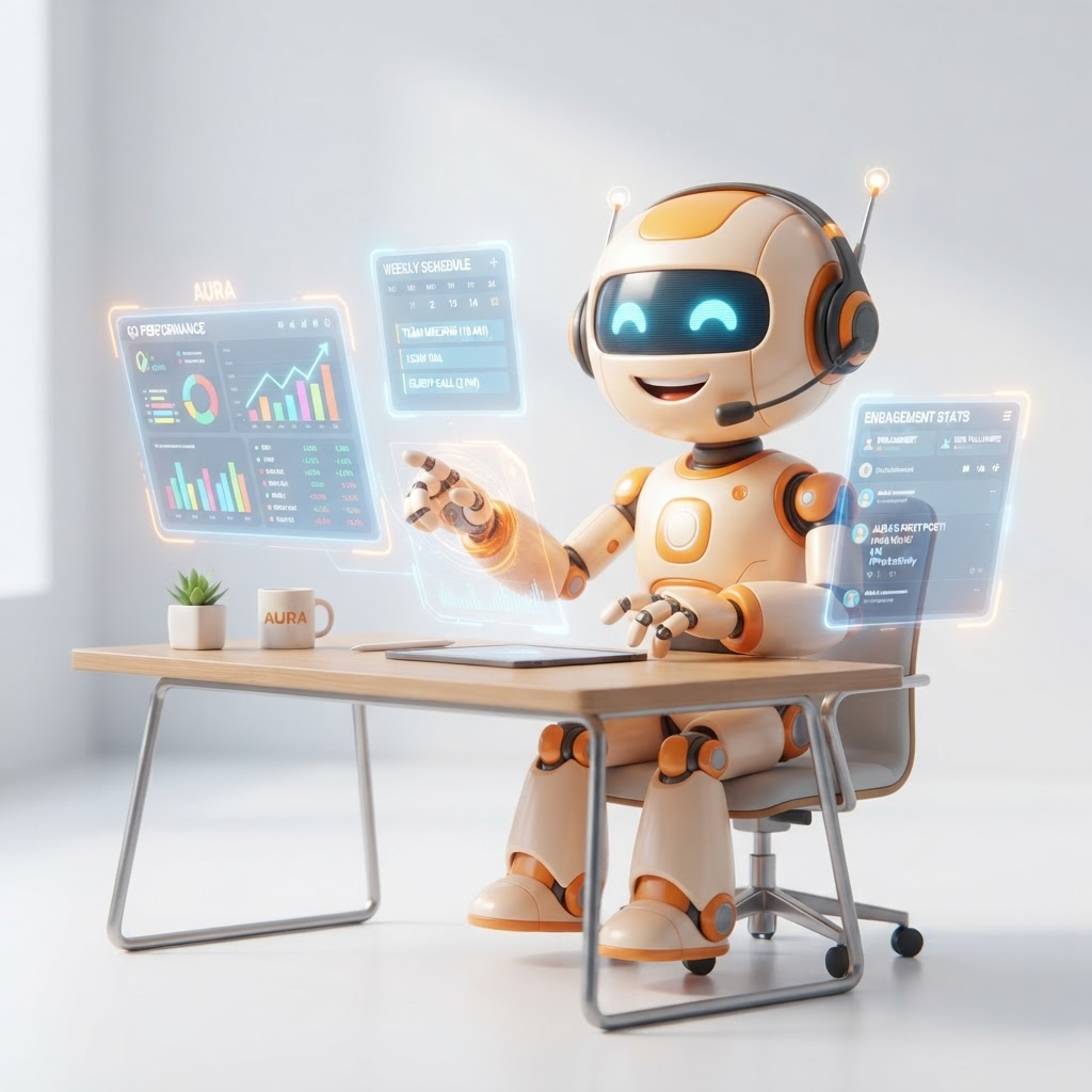 A productive AI marketing agent character managing content, analytics, and campaigns