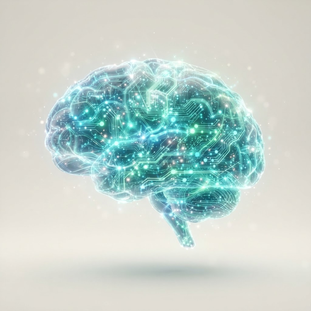 Glowing AI neural brain built from interconnected circuits and nodes